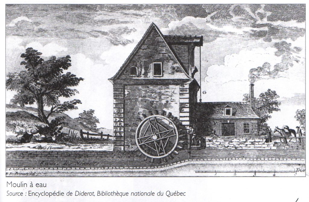 Image d’un moulin à eau européen typique du XVIIIe siècle tirée de l’encyclopédie de Diderot (BAnQ).